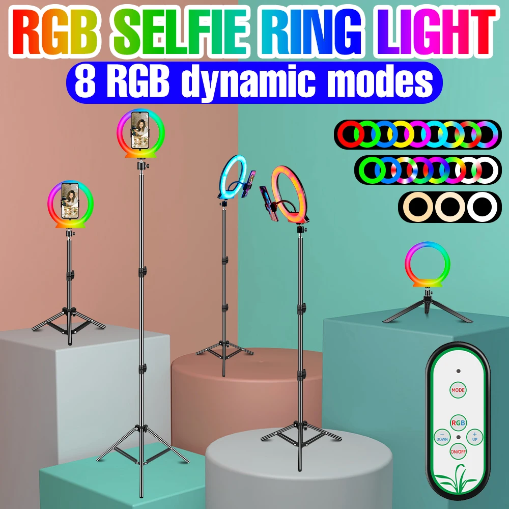 LED RGB Ring Light Phone Selfie Fill Light Adjustable Tripod Lights Ring For Mobile Professional Camera Makeup Video Lighting