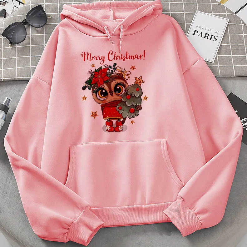 Hipster Sweatshirt Women Autumn Warm Kawaii Owl Print Hooded Top Drawstring Casual Harajuku Merry Christmas Hoodie With Pocket