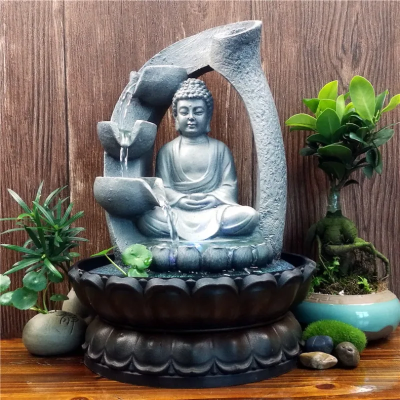 Resin Buddha Statue Crafts Creative Flowing Water Ornaments Waterscape Good Luck Fengshui Meditation Waterfall Fountain