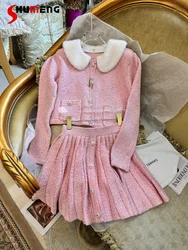 2024 Early Spring New Christmas Style Pink Fur Collar Long Sleeve Gentle Knitting Suit Short Girl Style Top Fashion Dress Sets