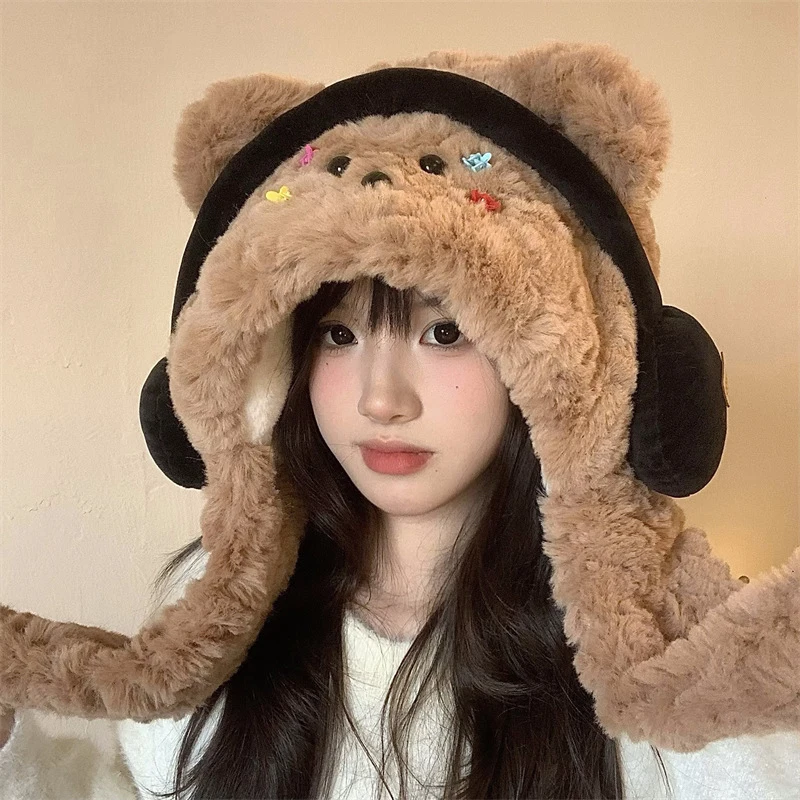 New Winter Plush Beanie Hats Headphone Bear Hat Scarf One-Piece Warm Hooded Neck Warmer Thickened Fleece Ear Protection Cold Cap