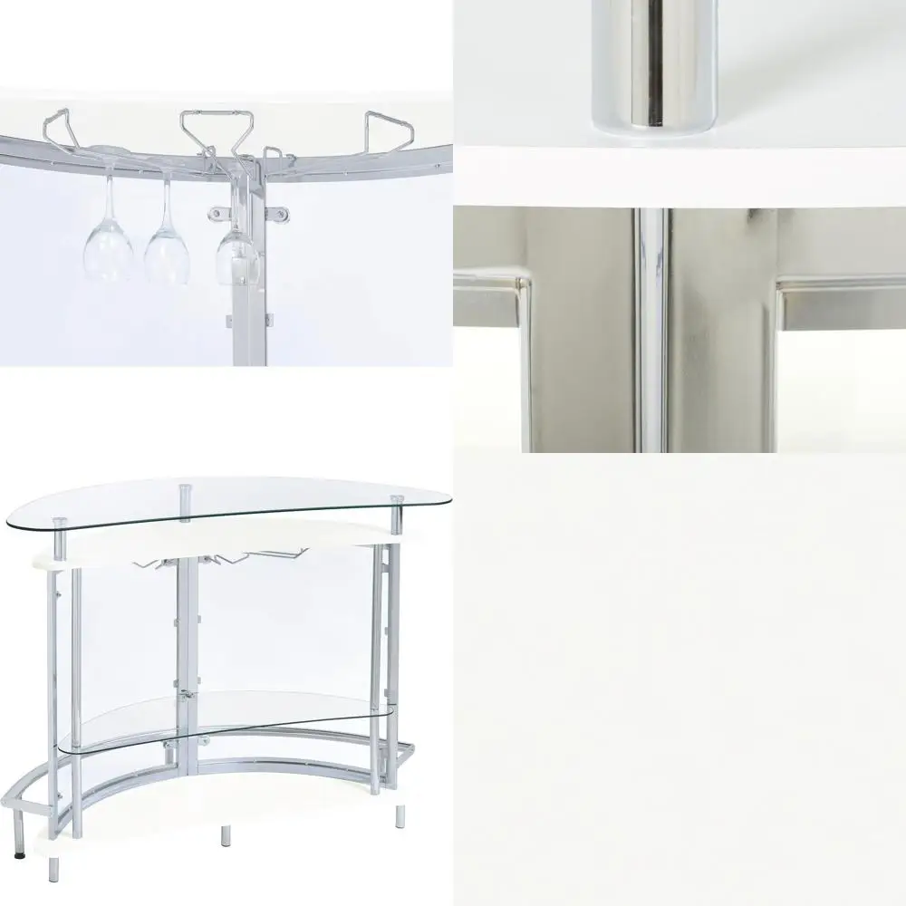 

White Home Bar Cabinet with Glass Top, 2 Shelves and Wine Glass Rack