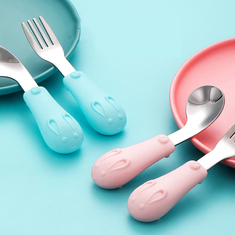 Baby Gadgets Tableware Set Children Utensil Stainless Steel Toddler Dinnerware Cutlery Cartoon Infant Food Feeding Spoon Fork