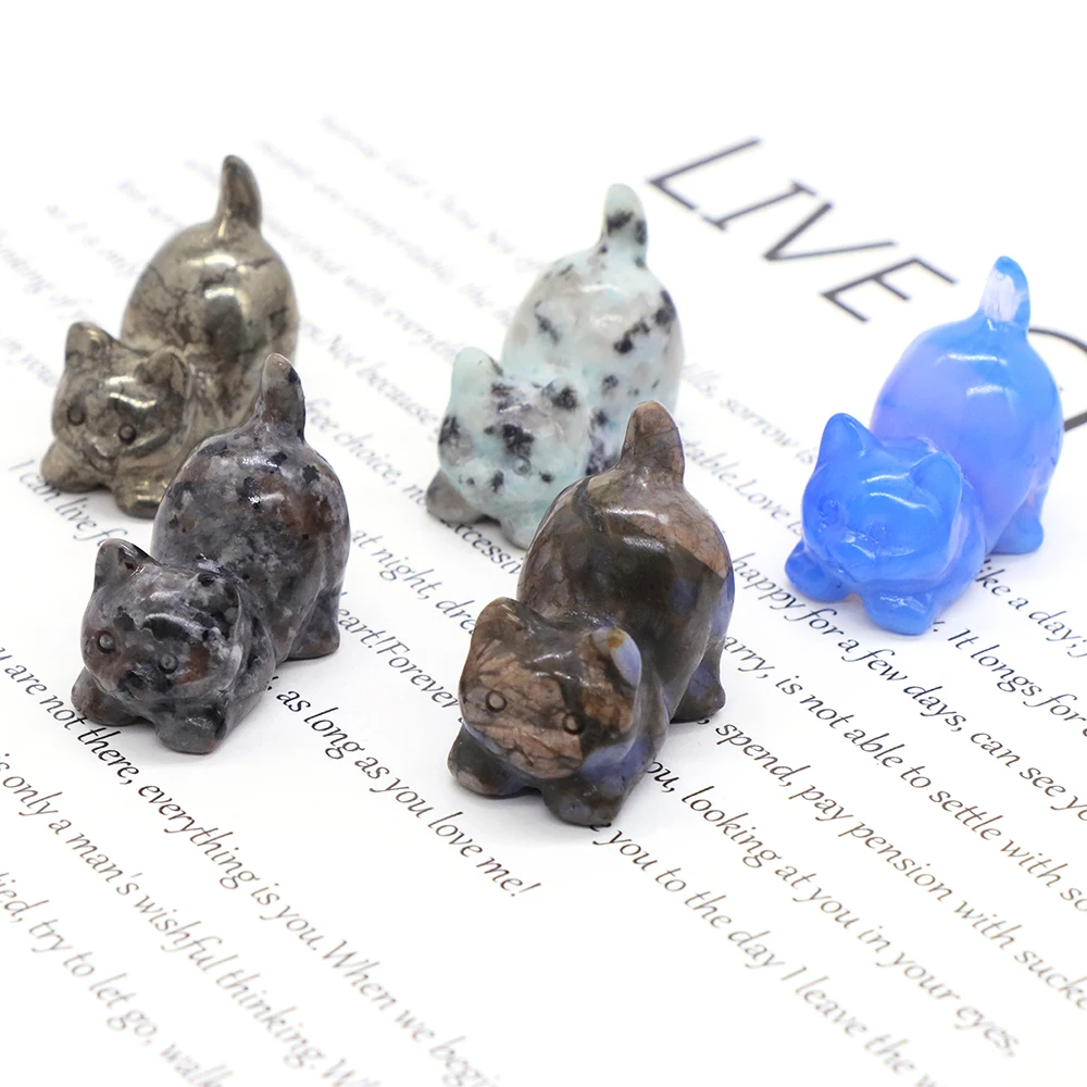 30mm Cute Lazy Cat Figurines Natural Stone And Crystal Hand Carved Healing Animal Statue Reiki Gem Craft Home Decoration Gift