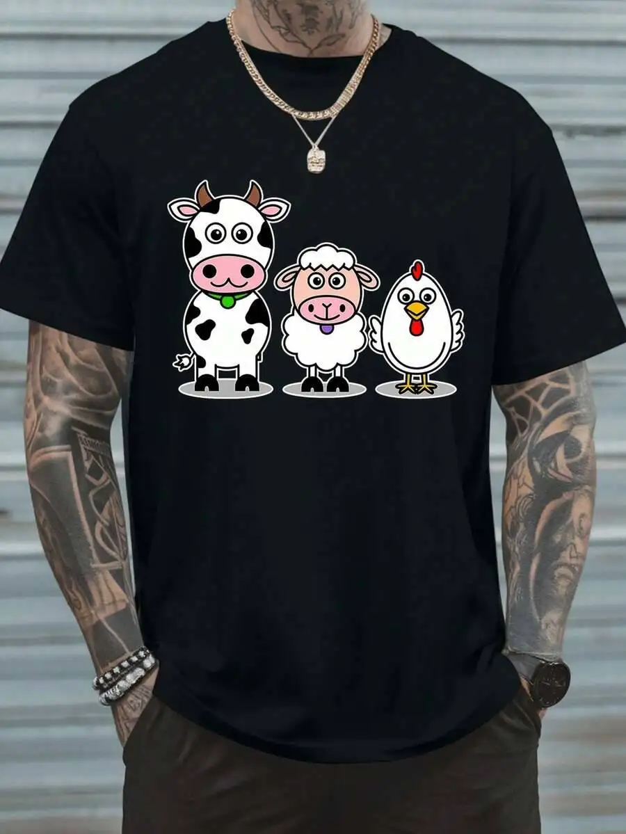 Cow, Sheep, Chicken Elements Farm Life Style American Summer Sleeve Refreshing Comfortable Skin Patterned Short Sleeved 100% Cotton Trendy Y2K Short-Sleeve Tee-Soft, Quick-Drying, Moisture-Wicking; Great Gift for Christmas or Halloween