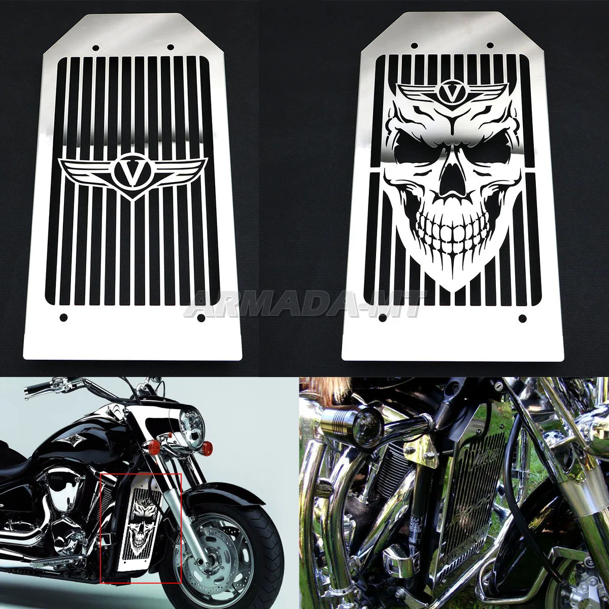 For KAWASAKI VN 2000 VULCAN VN2000 Motorcycle Part SKULL Stainless Steel Radiator Cover Cooler Grill Guard Protector All Models