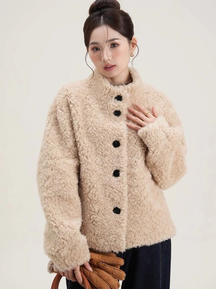 

Korean Cute Faux Lamb Coat Women Vintage Long Sleeve Stand Collar Sweet Jacket Winter Warm Casual Kawaii Single Breasted Tops