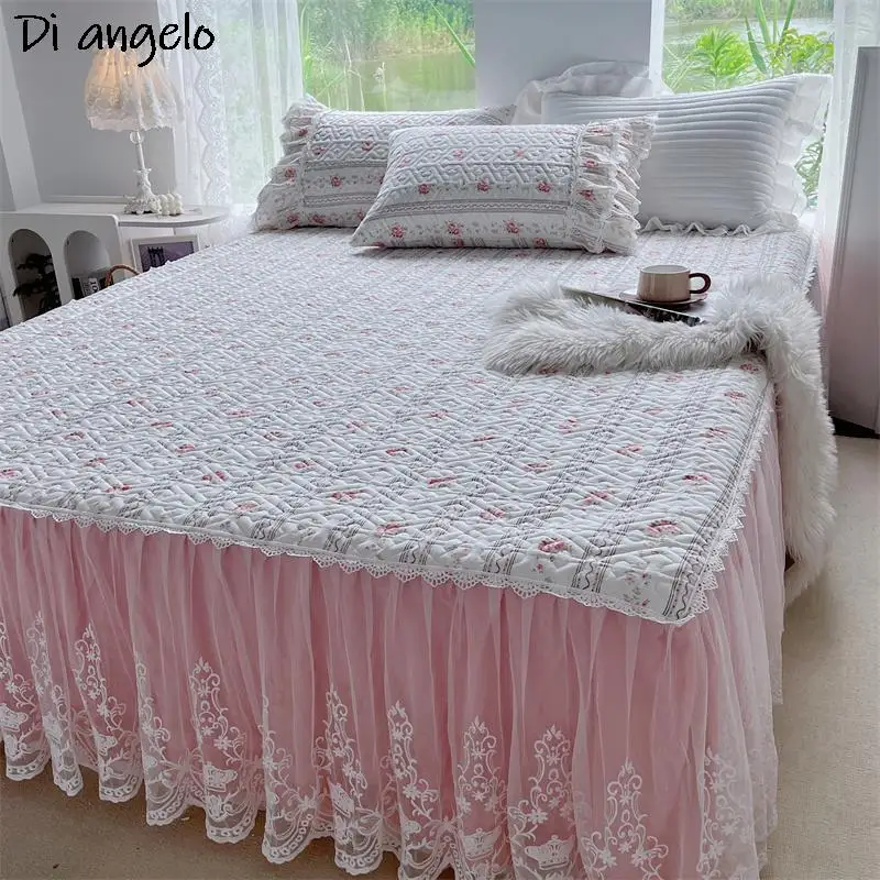 Cotton Lace Embroidery Thickened Quilting Bed Skirt, Bedspread Pillowcase, Mattress Cover, Double Wedding Gift, Home Textile #/