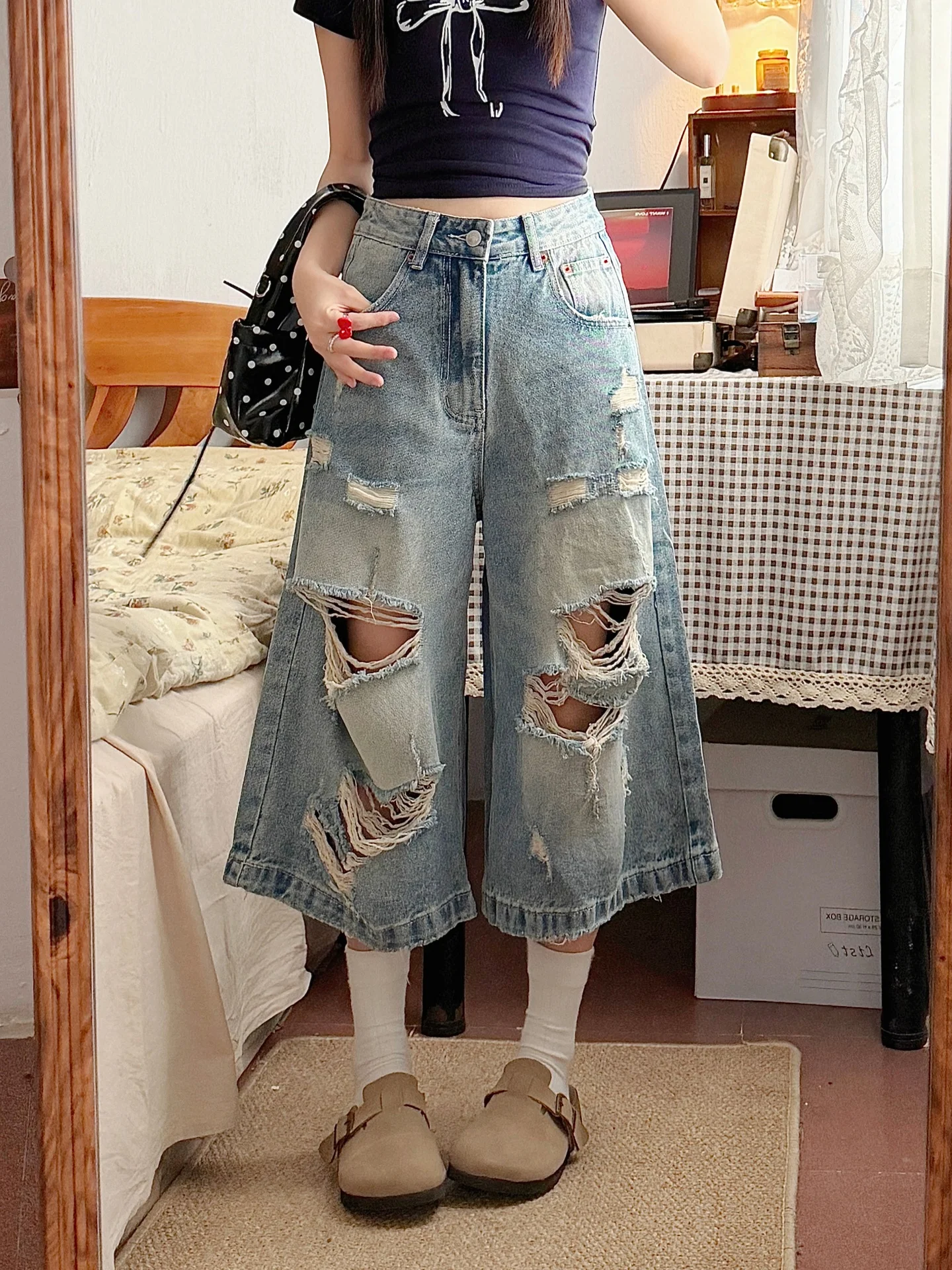 

American Style Vintage Ripped Wide Leg Mid-Length Jeans Women Summer High Waist plus Size Slimming Loose Straight Short Pants