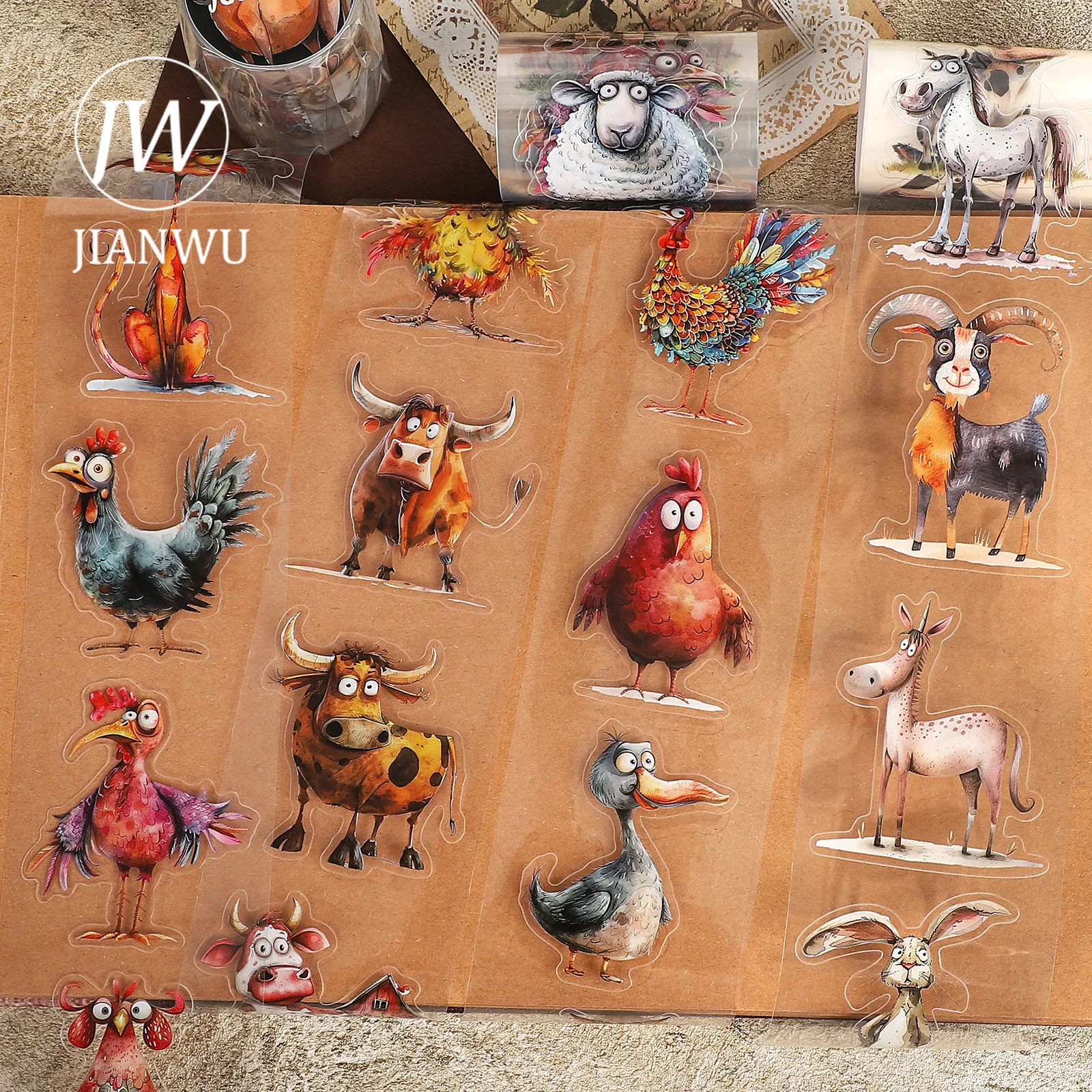 

JANWU 60mm*200cm Vintage Quirky Farm Animals Landscape Material Collage Scrapbook PET Tape Creative DIY Journal Stationery
