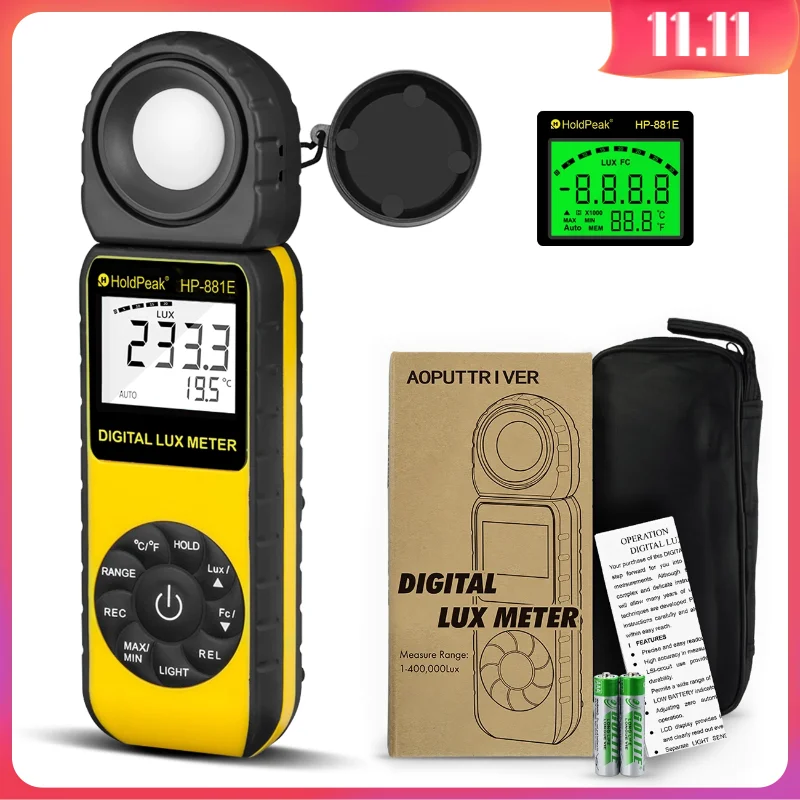 Handheld Light Meter BT-881E- Digital Illuminance Meter with 0.01300,000 Lux (0.0130,000 FC), 270º Rotating Sensor, Temperature