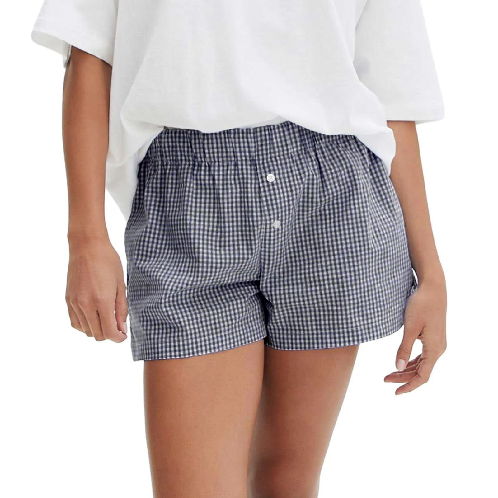 Women\'s Casual Classical Checkered Printed Button Shorts Cute Soft Sleepwear Bottoms Elastic Waist Comfortable Ladies Shorts