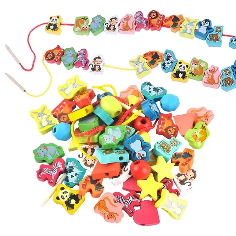 26pcs Wooden Animal Toys DIY Toy Cartoon Pattern Stringing Threading Wooden Beads Monterssori Educational Games for Kids TMZ