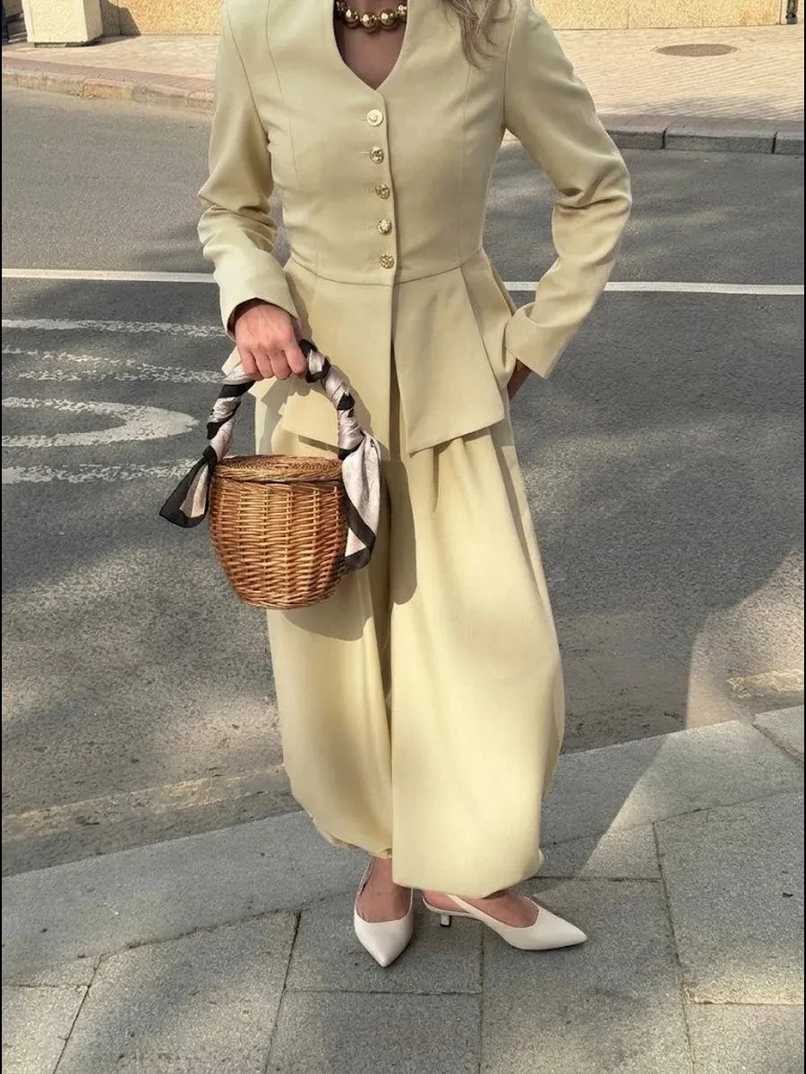 Laru 2026 Light Yellow Peplum 2Pcs Women Suit V Neck Button Blazer Elastic Cuff Pants Elegant Office Summer Matching Set view 5