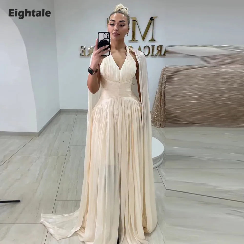 

Eightale Arabic Evening Dress V-Neck Pleats Crepe Customized Floor Length Muslim Cape Sleeves A-Line Prom Wedding Party Gown