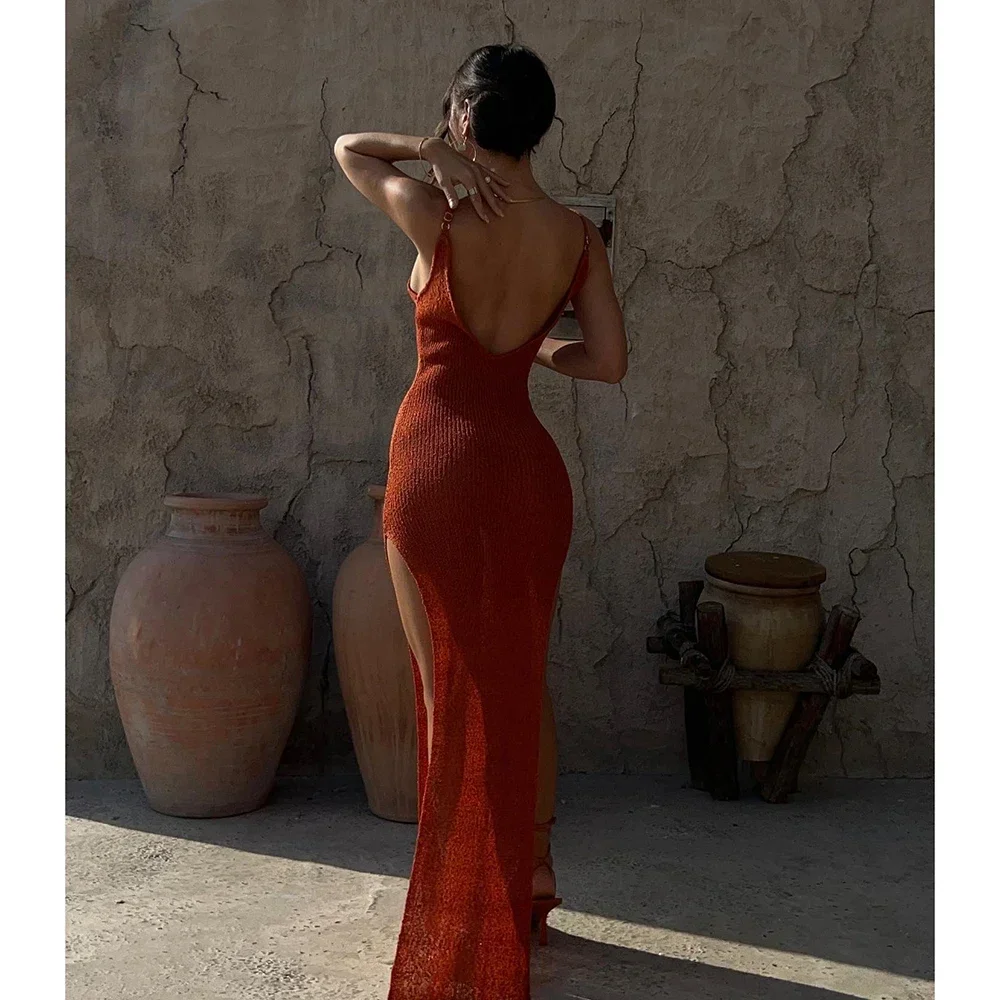 2025 Kintted Cover Up Beach Sexy See Through Maxi Slit Bodycon Summer Dress Bikini Cover-up Backless Elegante Halter Beachdress