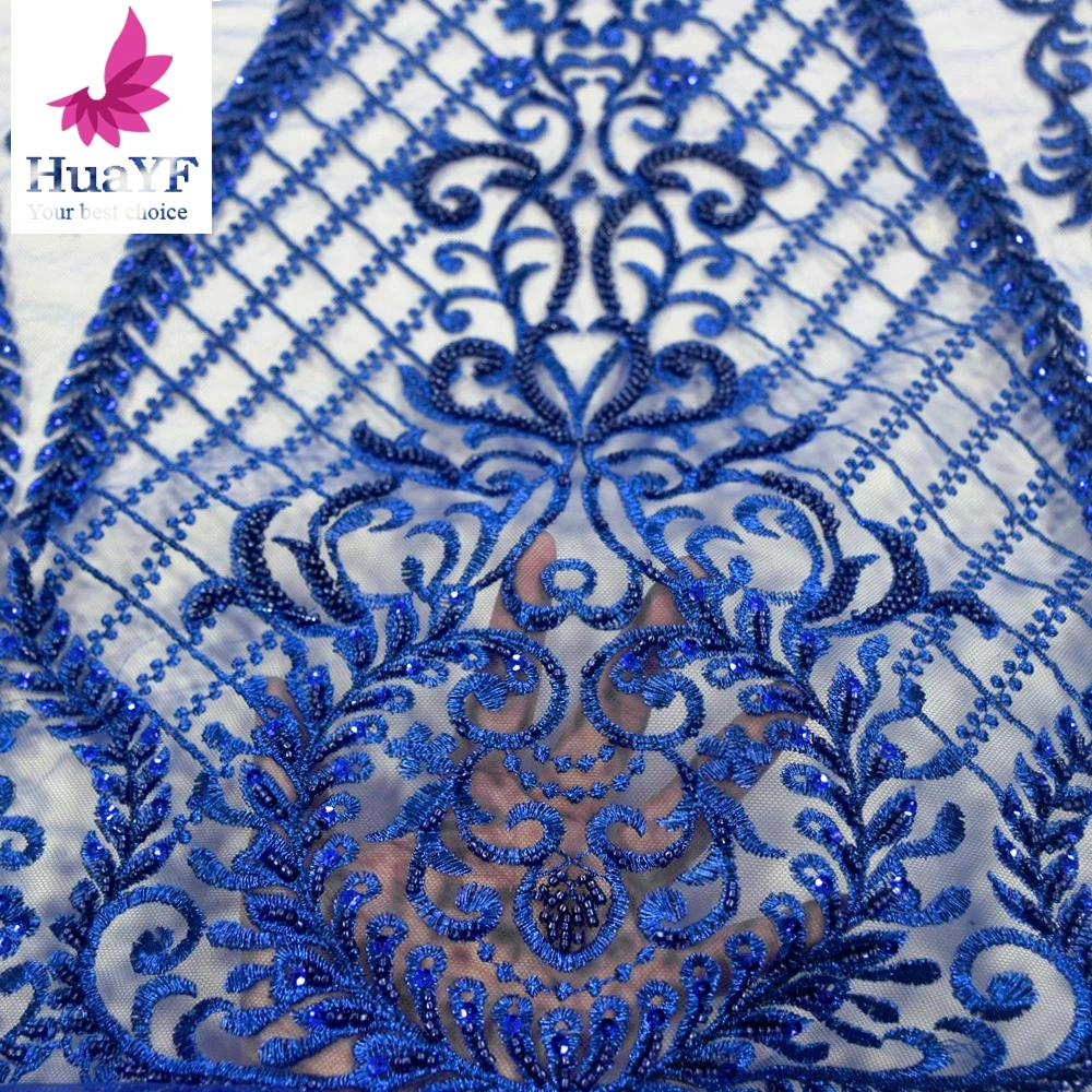 High Density Royal Blue Embroidery Beads Design Luxury Evening Dress Sequin Lace Fabric 5 Yards HY1442