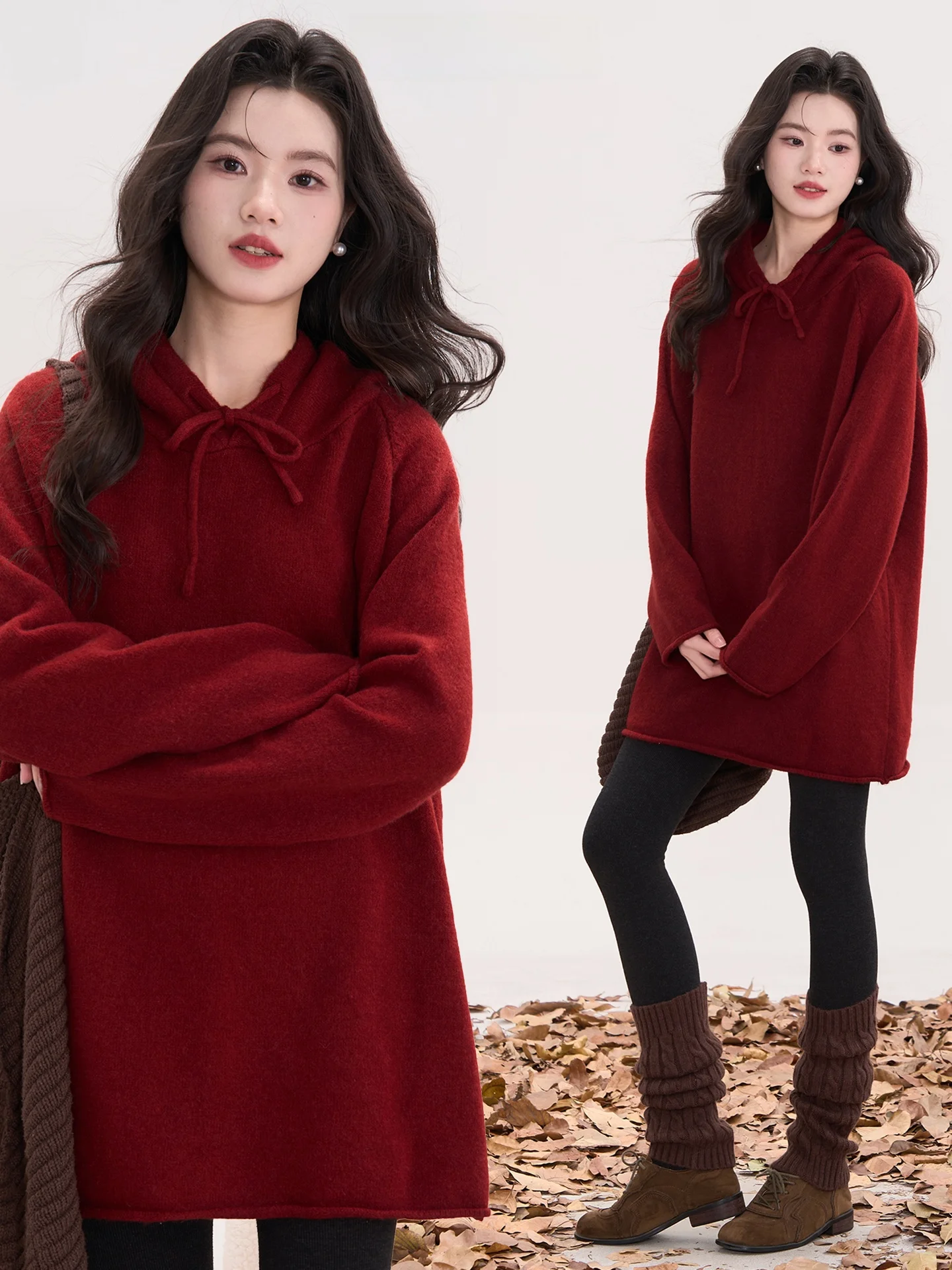 

Heme Knitted Hat Sweatirt Women's Spring Autumn Medium Length Versatile Top Polyester Nylon Acrylic Fiber Long Sve Hoodie