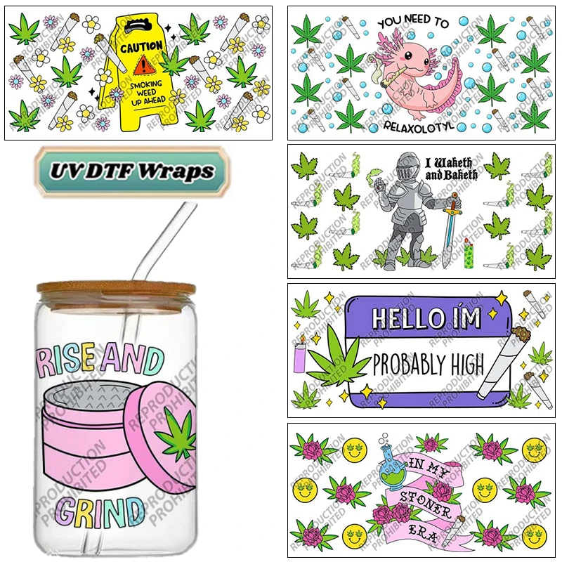Cute Cartoon Plant & Animal UV DTF Wraps, Funny Axolotl & Knight Stickers for 16oz Glass Cans, Waterproof DIY Decals