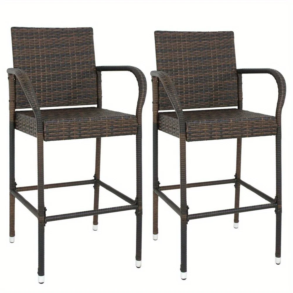 Wicker Bar Stool Rattan Chair Patio Furniture Chair Outdoor Backyard Set of 2