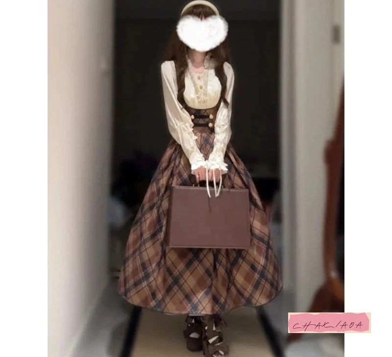 

British Style Plaid Lolita Suit Sweet and Cute Lace Shirt Retro Elegant and Unique Waist Strap Long Dress Autumn Winter Women