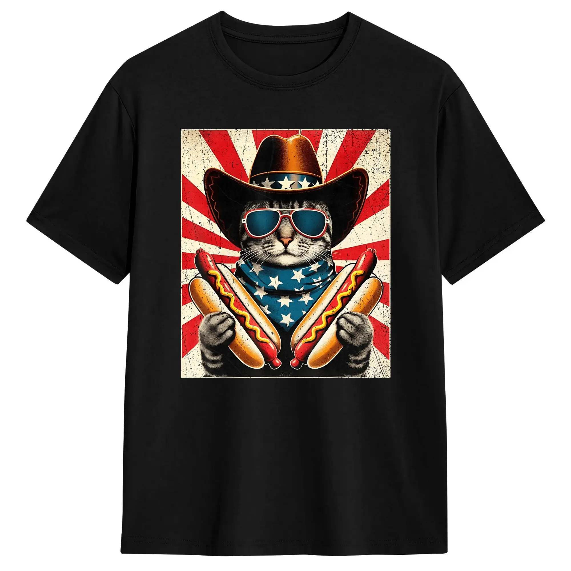 Men's 4th of July Hotdog Cat Funny Patriotic Cowboy Cat USA Flag T Shirts  100% Cotton Clothing Summer Y2K Short Sleeve T Shirt