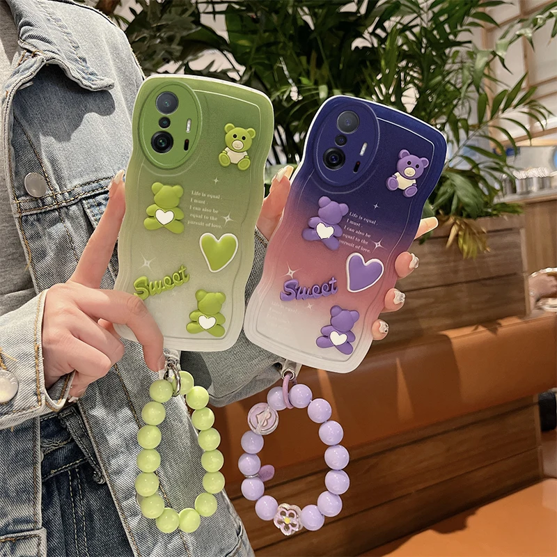 Soft Silicone Phone Case para Xiaomi, 3D Cute Cartoon Urso Pulseira, Capa Traseira, Xiaomi 11 T Pro 5G