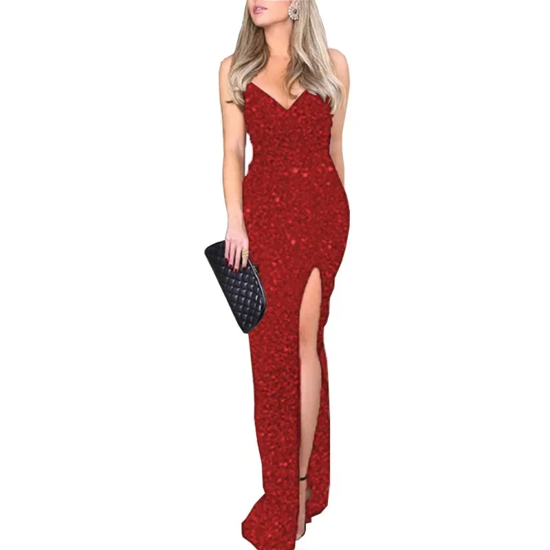 Sukienki damskie bez rękawów z głębokim dekoltem Pullover Party Dress High Waist Vestidos Sexy Wrap Club Prom Sequins Backless Slim Fit