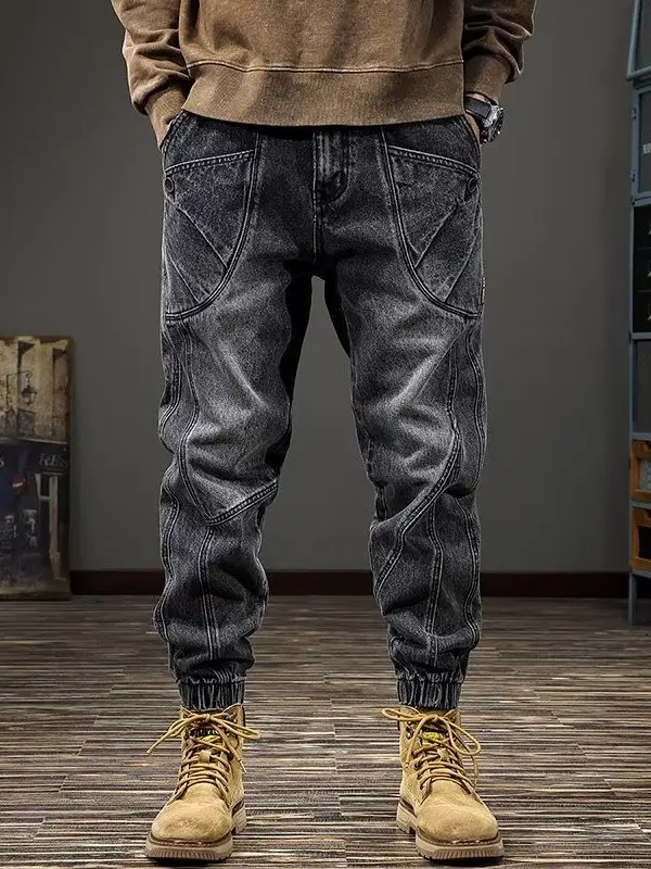 

Retro American Workwear Style Men's Jeans Casual Washed Cuffed Harlan Pants Youthful Trendy Loose Fit Straight Leg Jeans
