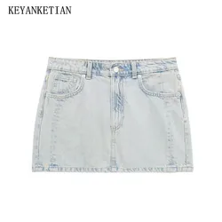 KEYANKETIAN 2024 New Launch Women Zipper Low-rise Denim Skirt American Retro Summer Spicy Girl Wash Effect Straight Mini Skirt