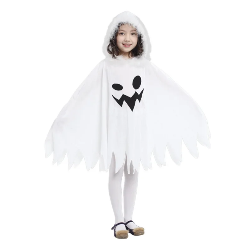 Meninas Halloween Branco Capuz Capa, Impressão De Fantasma Engraçado Capa Franjada, Capa De Palco, Traje Cosplay