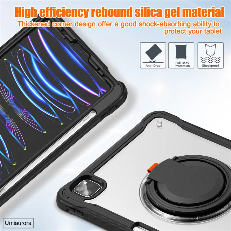 For IPad Air 4 5 10.9 Mini 6 Pro 11 12.9 13 inch M2 M4 2024 Tablet Case 360 Rotation Hand Ring Stand Strap Kid Shockproof Cover