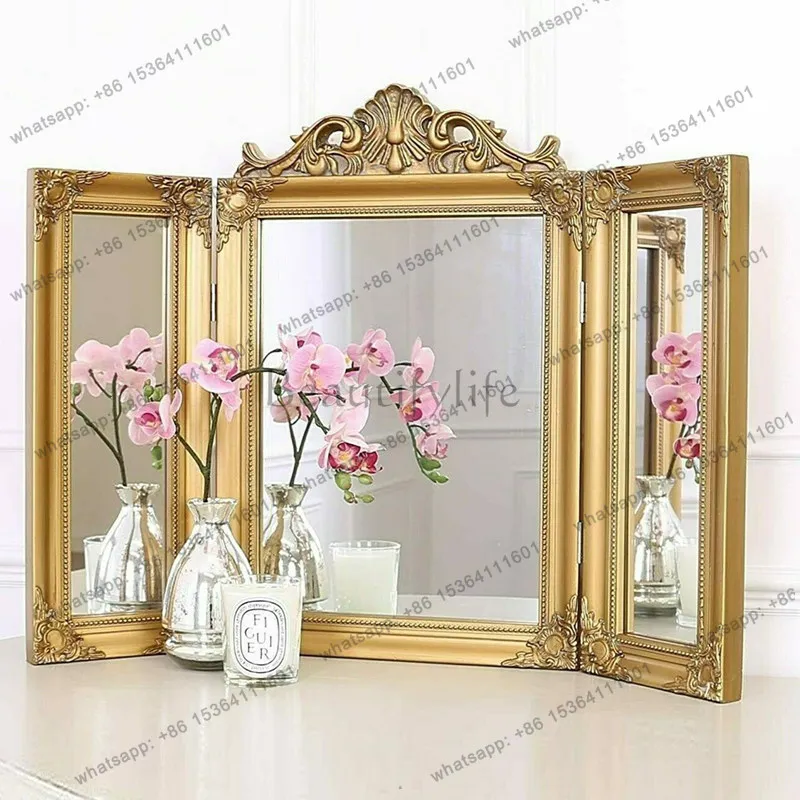 LJY retro vanity mirror tri-fold mirror European bedroom desktop folding vanity mirror desktop