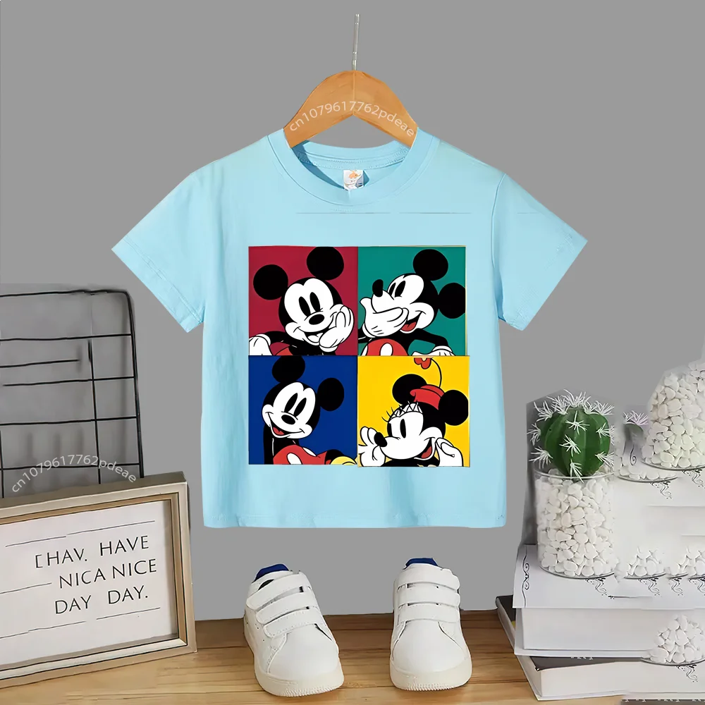 Disney Street Teen 100% Cotton T-shirt Kids Cartoon Mickey Outdoor Comfortable Casual crew neck T-shirt Boys Girls short sleeve