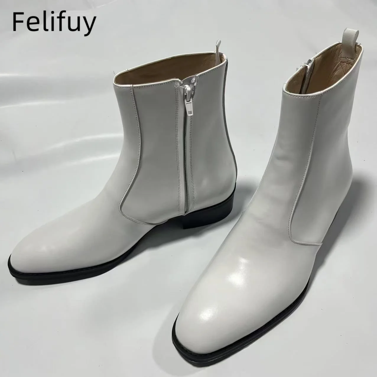 

British Style White Genuine Leather Chelsea Men Boots Pointed Toe Cowhide Side Zipper Ankle Boots Male Business Dress Shoes
