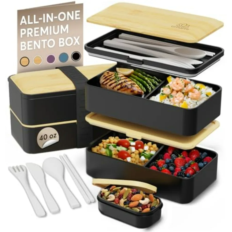 

Umami Bento Box Adult AllIn1 with 4 Utensils Big Sauce Jar 2 Dividers 100 Leakproof Microwave Dishwasher Safe Stackable Lunch C