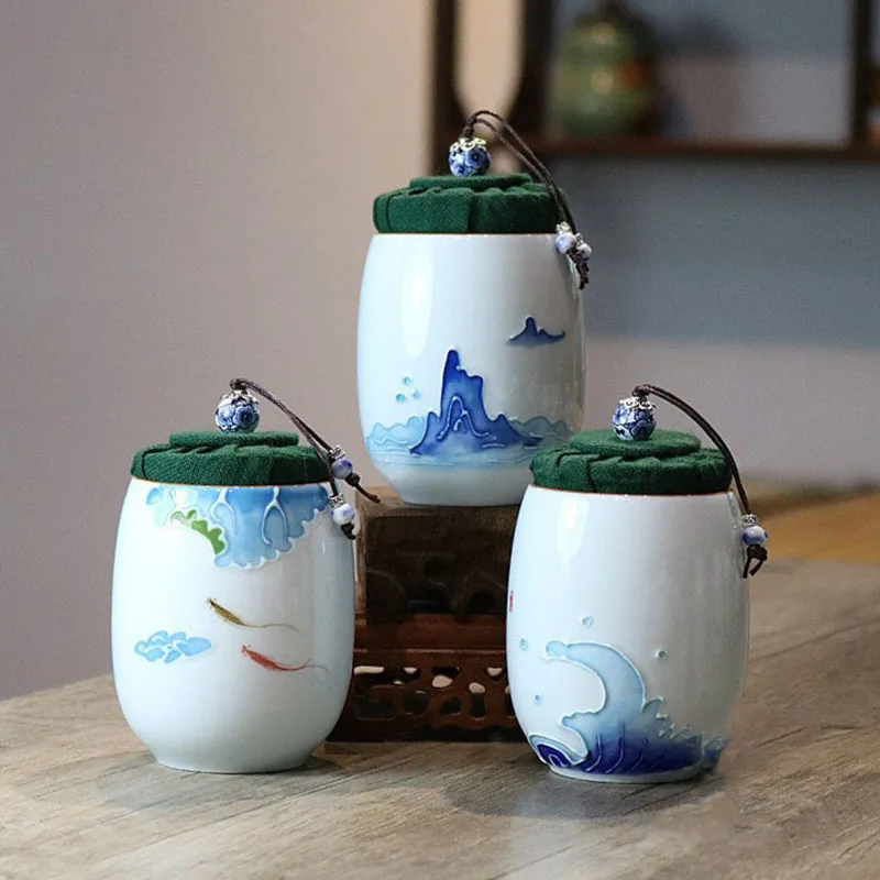

Landscape Tea Jar Delicate Porcelain Embossed Sealed Medicine Set Food Bottle