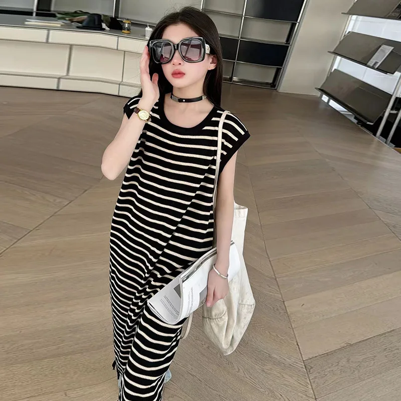 

Girls Skirts 2024 Summer New Childrens Clothes Foreign Style Striped Sleeveless Vest Skirt Loose Skirt Casual Simple Match
