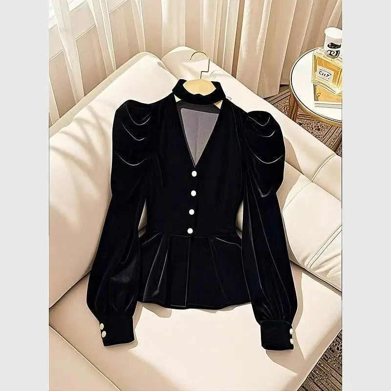 Camisa de manga larga de terciopelo negro para Mujer Y2k cintura delgada Blusas con cuello en V Mujer 2025 principios de primavera nuevas Blusas de un solo pecho