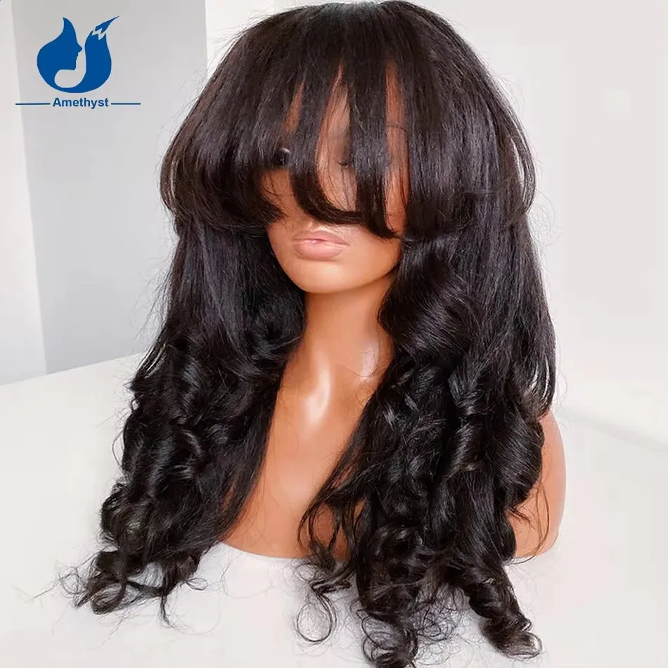 Ametyst Yaki Wave Natural Black Human Hair Wig with Bangs O Scalp Top Full Machine Made Italian Yaki Wig Remy Hair 150%-200%