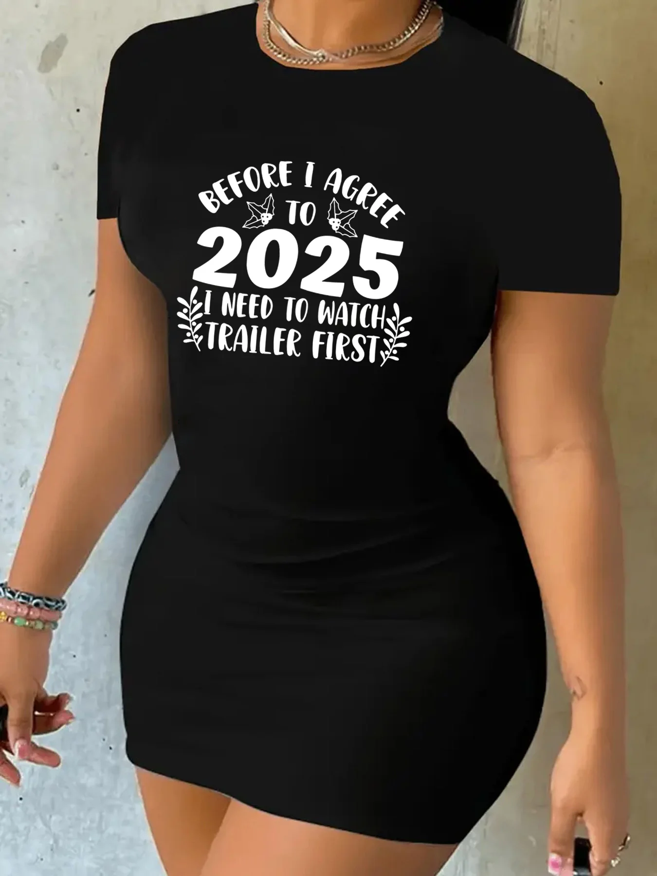 

Plus Size Women's 2025 Letter Printed New Year's Bodycon Mini Dress Casual Loose Round Neck Breathable Short Sleeve Dress