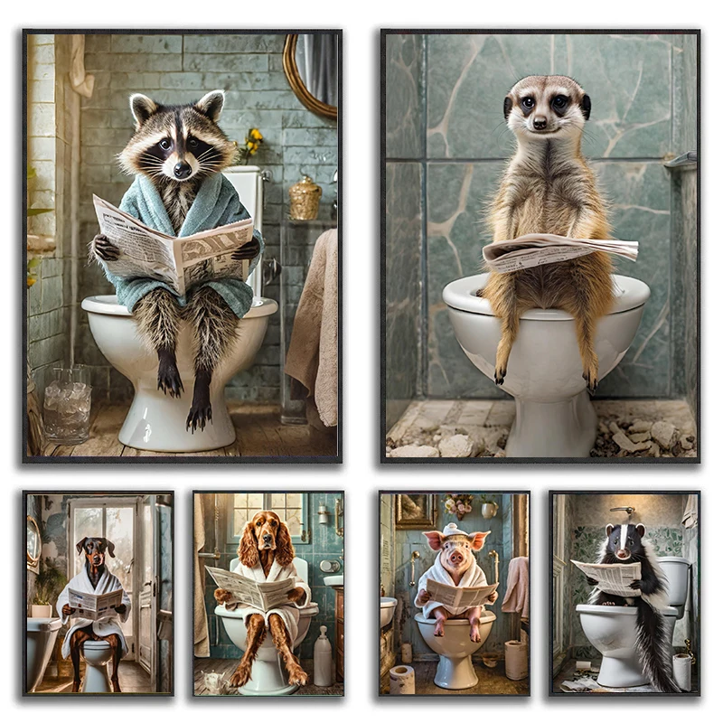 Funny Toilet Animals Reading Newspaper Portrait Raccoon Meerkat Poster Canvas Painting Wall Art Pictures Home Bathroom Decor