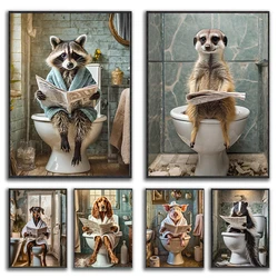 Funny Toilet Animals Reading Newspaper Portrait Raccoon Meerkat Poster Canvas Painting Wall Art Pictures Home Bathroom Decor