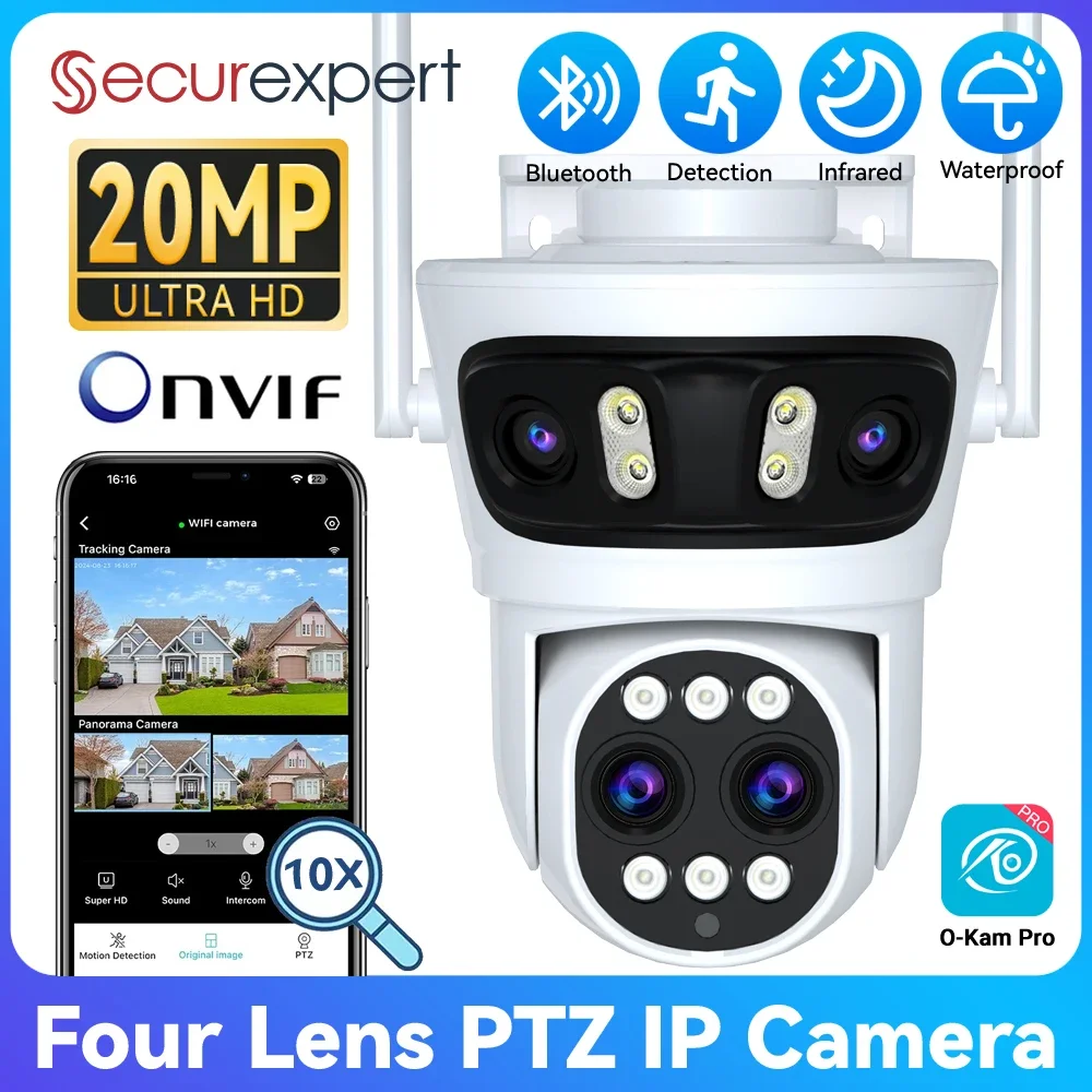 20MP WiFi PTZ Camera Three Screens 180° Wide Angle Auto Tracking 10X Digital Zoom Color Night Vision CCTV Security Cam O-Kam Pro