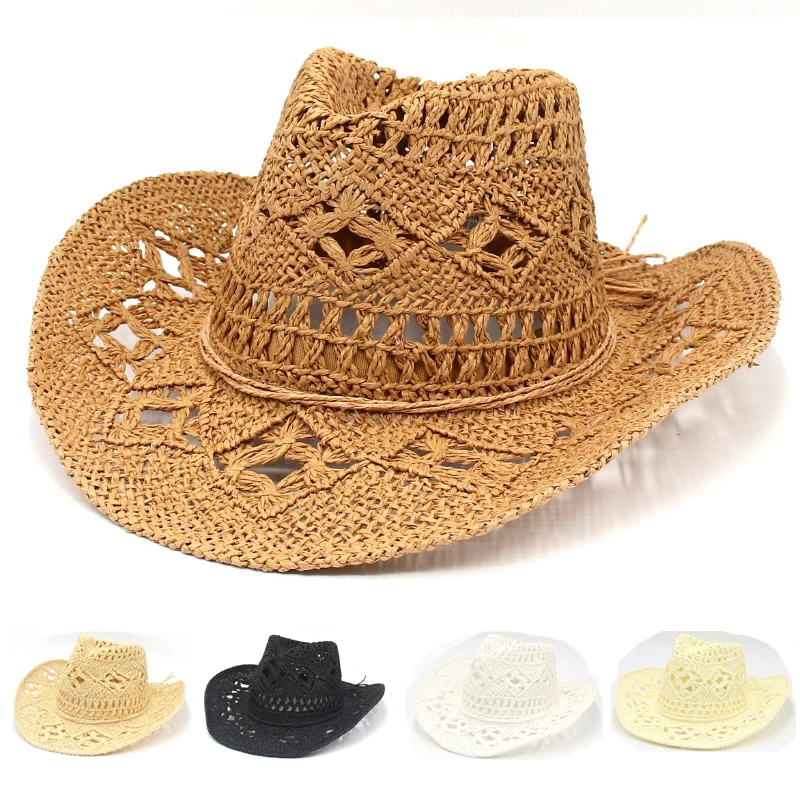 

Western Cowboy Hat Tibetan Style Top Ladies Hat Roll Brim Cowgirl Cap Jazz Openwork Straw Hat Cap Ethnic For Women Men Children