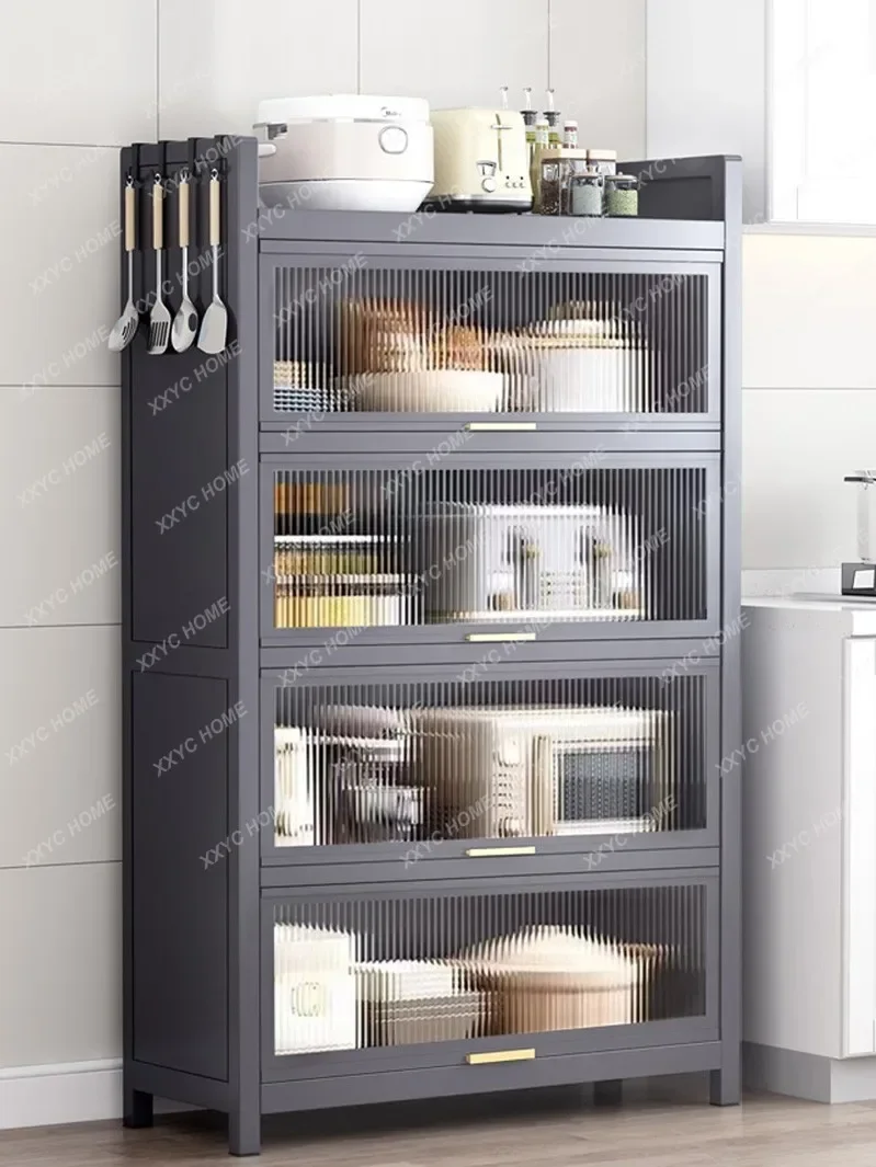 Kitchen Shelf with Cabinet Door Floor Multi-Layer Multi-Functional Storage Cabinet Oven Microwave Oven Storage Cupboard