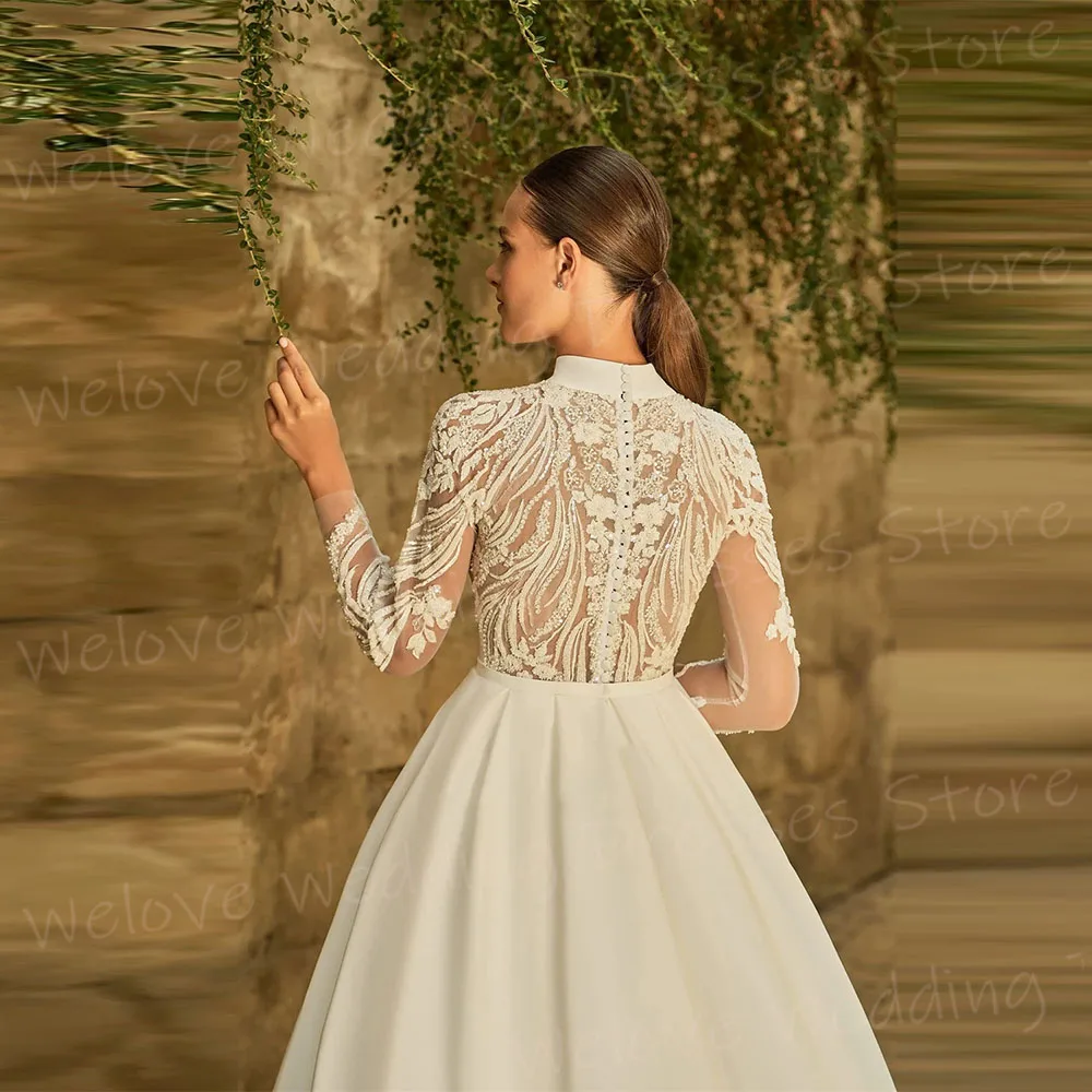 Piękne suknie ślubne damskie w kształcie litery A, z wysokim dekoltem, długim rękawem, Vestido, szyte na miarę suknie dla panny młodej, koronkowe aplikacje, Vestido De Novia