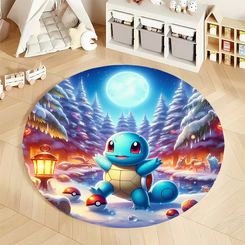 Japanese Anime Pokemon Squirtle Printed Cartoon Round Carpet for Kids Living Room Rug Picnic Mats Flannel Anti-Slip Rug Yoga Mat