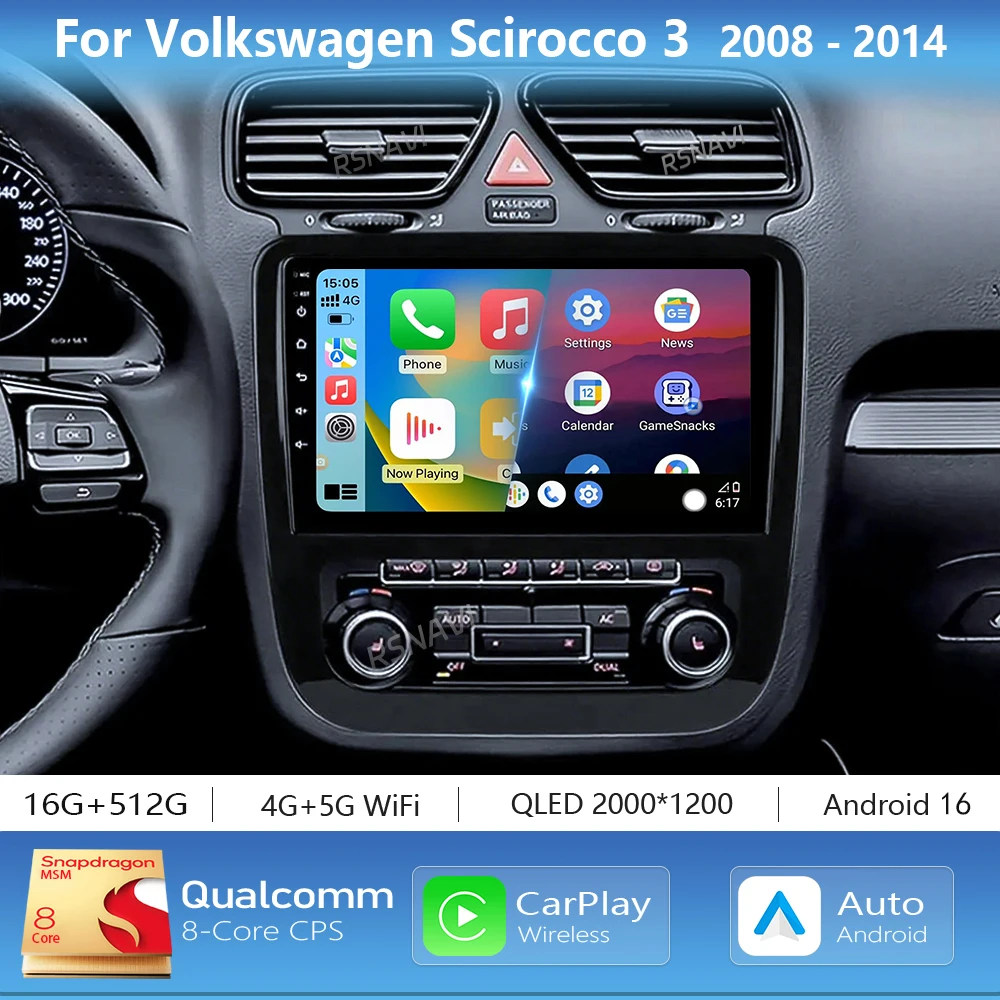 Android 16 Carplay Auto Car Radio Multimedia Player For Volkswagen Scirocco 3 III Mk3 2008-2014 Autoradio Stereo 2Din Head Unit