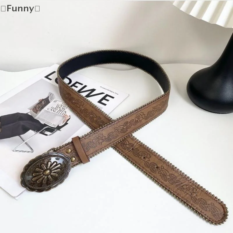 〔Funny〕Vintage Carved Buckle PU Wide Belts Boho Brown Embossed Waistband Western Jeans Pants Belt